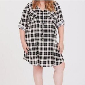 Torrid Shirt Dress Plaid Zip Front -Black Ivory Peach-Torrid size 1 1X - NWT